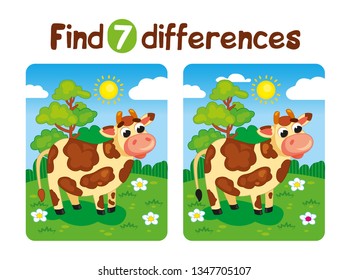 Find 7 differences game for children cow