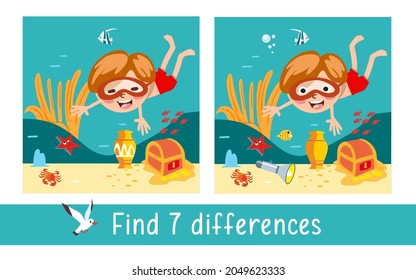 Niño bajo el agua con vida marina. Encuentra 7 diferencias. Juego para niños. Actividad, vector.