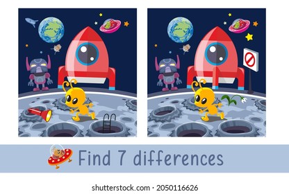 Find 7 differences. Game for children.  Rocket and alien in space. Activity kids, vector illustration.