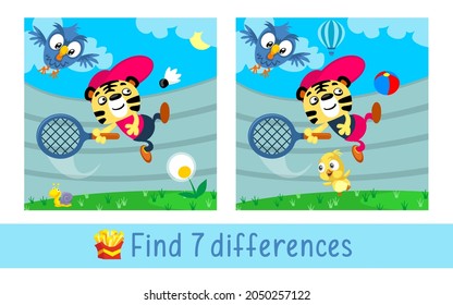 Find 7 differences. Game for children. Activity, vector. Сute tiger cub plays tennis at stadium. 