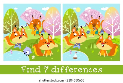 Find 7 differences. Game for children. Cute family of squirrels in spring. Hand drawn full color children illustration. Vector flat cartoon picture.