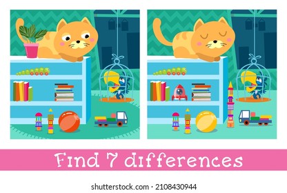 Find 7 Differences. Game For Children. Cats And Parrot In Room. Cartoon Style Characters With Background. Vector Full Color Illustration.