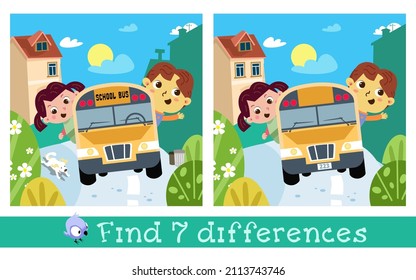 Find 7 differences. Game for children. Cute kids ride on school bus. Vector color illustration.