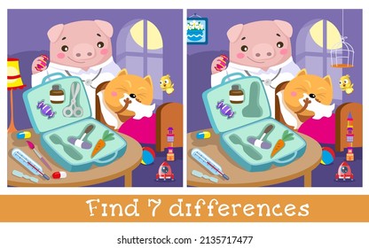 Find 7 differences. Game for children. Doctor Pig gives kitten the candy. Hand drawn full color illustration. Vector flat cartoon picture.