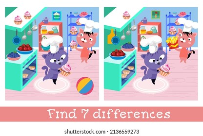 Los gatitos se cocinan en la cocina. Encuentra 7 diferencias. Juego para niños.  Dibujo manual a todo color. Imagen de dibujos animados planos vectores.