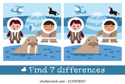 Find 7 differences. Game for children. Cute children and animals of North. Hand drawn full color illustration. Vector flat cartoon picture.