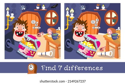 Find 7 differences. Game for children. Funny giant with chest and gold. Cartoon character. Vector illustration.