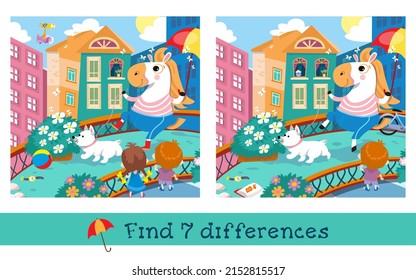 Find 7 differences. Game for children. Vector color illustration. Horse with dog in city. Cartoon cute characters. 