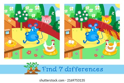 Find 7 differences. Game for children. Activity, vector illustration. Cute mouse near house in summer garden.