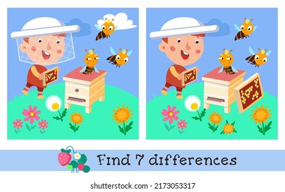 Find 7 differences. Game for children. Activity, color vector illustration. Cute beekeeper and bees near the beehive.