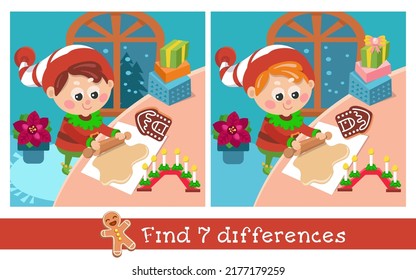 Encuentra 7 diferencias. Juego para niños. Un gnomo lindo preparando galletas de Navidad, personaje de estilo caricatura. Ilustración dibujada a mano por vectores.