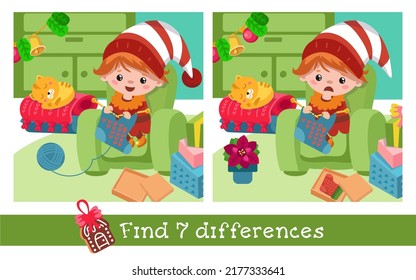 Encuentra 7 diferencias. Juego para niños. Cute gnome, personaje al estilo de las caricaturas. Ilustración dibujada a mano por vectores.