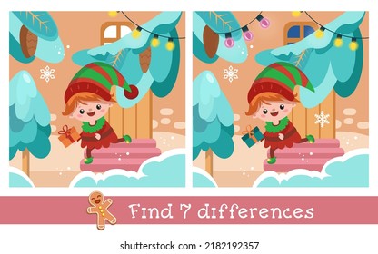 Encuentra 7 diferencias. Juego para niños. Cute elfo con regalo en el porche de la casa. Ilustración dibujada a mano por vectores.