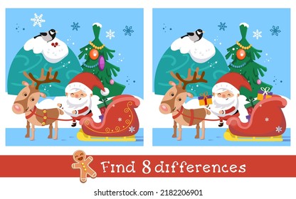 Find 7 differences. Game for children. Santa Claus and gifts in sleigh with reindeer. Vector hand drawn illustration.