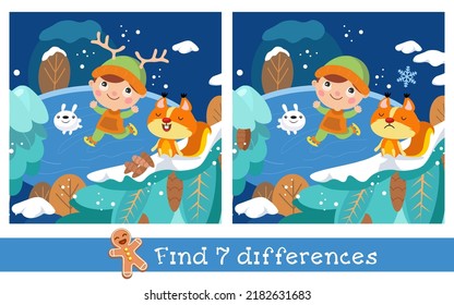 Find 7 differences. Game for children. Cute boy on forest skating rink. Vector hand drawn illustration.