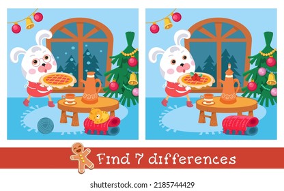 Find 7 differences. Game for children. Cute mother rabbit in dress and apron carries Christmas cake. Vector illustration.