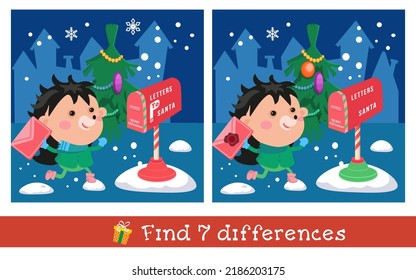 Find 7 differences. Game for children. Cute hedgehog carries letter for Santa Claus. Mailbox, Christmas tree on background of houses.