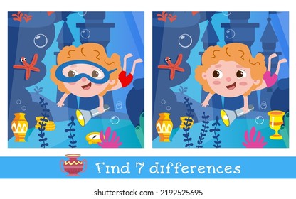 Find 7 differences. Game for children. Cute boy swimming underwater with a flashlight. Sea creatures and treasure. Vector cartoon illustration.