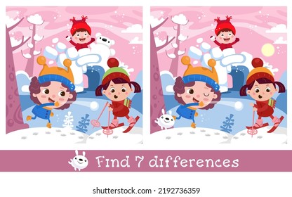 Find 7 differences. A game for children. Cute boys and girls skiing, playing snowballs near the snow fortress. Winter vacations. Funny characters. Vector illustration.