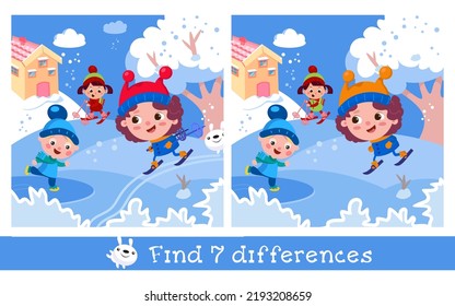 Encuentra 7 diferencias. Juego para niños. Chicos y chicas guapos esquiando. Vacaciones de invierno. Caracteres divertidos. Paisaje con colinas y árboles. Ilustración vectorial.