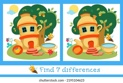 Find 7 differences. Game for children. Fairy tale ceramic teapot house with teacup pool in woods against tree background. Vector illustration.