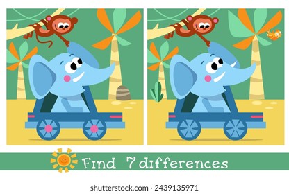 Find 7 differences. Game for children. Elephant and monkey. Hand drawn full color illustration. Vector flat cartoon picture.