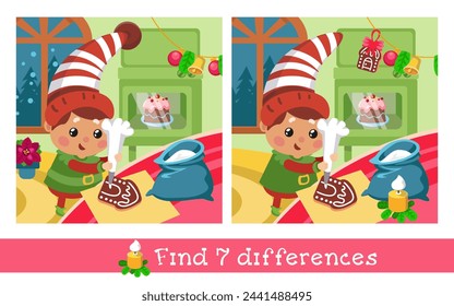 Encuentra 7 diferencias. Juego para niños. Lindo gnomo preparar pastel de navidad y galletas, personaje de dibujos animados. Ilustración dibujada a mano del vector.