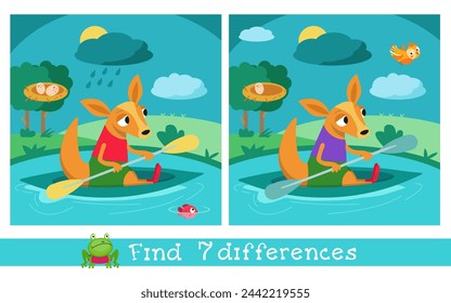 Find 7 differences. Game for children. Card with cute cartoon style characters. Kangaroo and kayak. Scene for design. Preschool activity. Vector illustration.