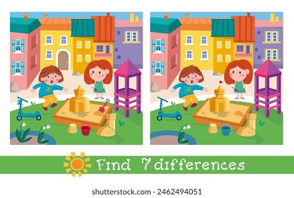 Encuentra 7 diferencias. Juego para niños. Niños lindos en el patio de juegos Caricatura personaje. Ilustración vectorial. 