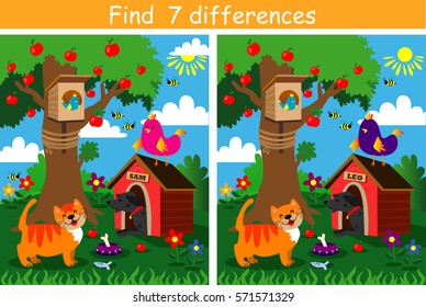 Find 7 differences game for children: cat, dog, and birds

