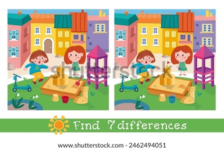 Find 7 differences. Game for children. Cute kids in playground Cartoon character. Vector illustration. 