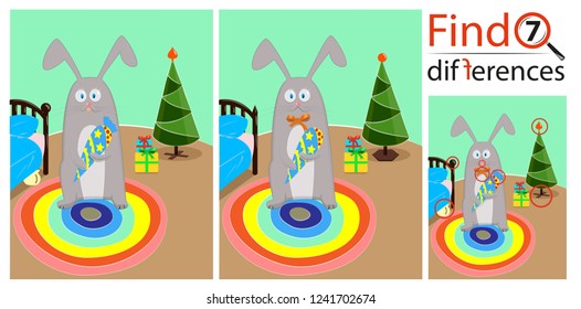find 7 differences game for kids page - Christmas rabbit