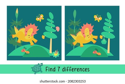 Find 7 differences. Game for kids. Cute dinosaur in Jurassic park.  Activity hand drawn vector illustration.