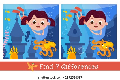 Find 7 Differences. Game for kids. Cute girl swimming underwater. Sea creatures and castle. Vector cartoon illustration.