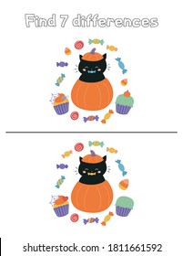 Find 7 differences. Halloween educational game for kids.  Cute kawaii black cat in the pumpkin with candies. Vector cartoon character.