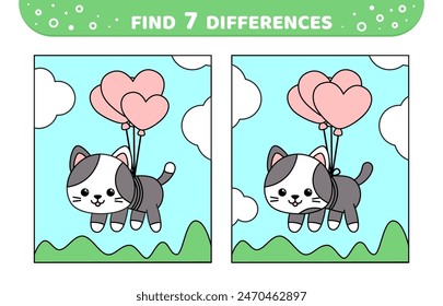 Find 7 differences. Kitten and balloons in form of hearts. Game for kids. Cartoon, Isolated vector illustration eps 10