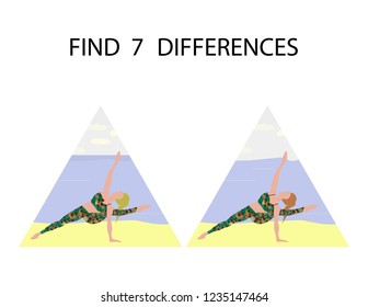 Find 7 differences. Preschool kindergarten worksheet. Vector illustration with yoga design.