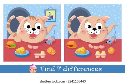 Find 7 Differences. Puzzle game for children. Cute cat playing with mouse in kitchen. Cartoon characters vector illustration. Scene for design and books.