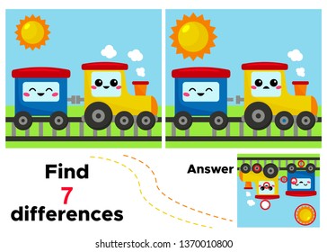 Find 7 differences. Vector kawaii train and wagon. Educational game for kids. Activity worksheet with answer.