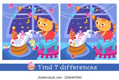 Find 7 hidden differences. Educational puzzle game for children. Cute kitten making Christmas cake. Cartoon cat character in room. Vector illustration. 