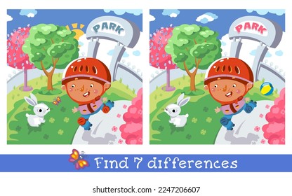 Find 7 hidden differences. Educational puzzle game for children. Cute boy skates on roller skates on path in park. Sport and children. Vector cartoon illustration.