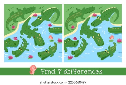 Find 7 hidden differences. Educational puzzle game for children. Nature scene. Cute crocodiles in pond. Vector cartoon illustration.