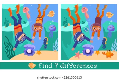 Find 7 hidden differences. Educational puzzle game for children. Cute divers with sea creatures underwater. Cartoon illustration. Vector image, scene. 