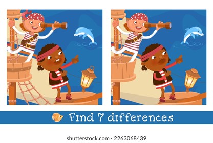 Find 7 hidden differences. Educational puzzle game for children. Cute child pirates on wooden old ship and dolphin. Vector illustration in cartoon style.