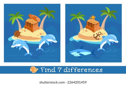 Find 7 hidden differences. Educational puzzle game for children. Cute dolphins near island with palm trees. Treasure chest. Vector illustration in cartoon style.