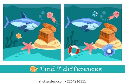 Find 7 hidden differences. Educational puzzle game for children. Shark and sea creatures near chest of gold. Vector illustration in cartoon style.