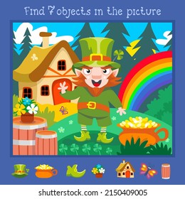 Buscar 7 objetos ocultos. Juego educativo para niños. Leprechaun con shamrock. Caricatura lindo personaje. Ilustración de color del vector. Cuento de hadas, foto de un hombre pequeño.