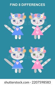Find 8 differences between cute cats with floral wreaths. Cartoon vector illustration of education game for children.