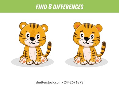 Find 8 differences between two pictures of cute cartoon  tiger. Activity page. Vector