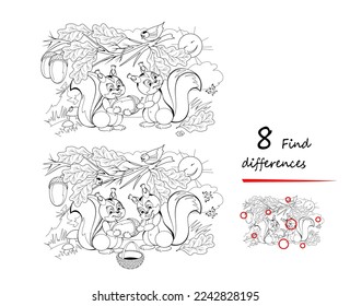 Encuentra 8 diferencias. Ilustración en blanco y negro de ardillas coleccionando bellotas. Juego de rompecabezas lógico para niños y adultos. Página para niños libro teaser de cerebro. Desarrollando habilidades de conteo. Dibujo de vectores